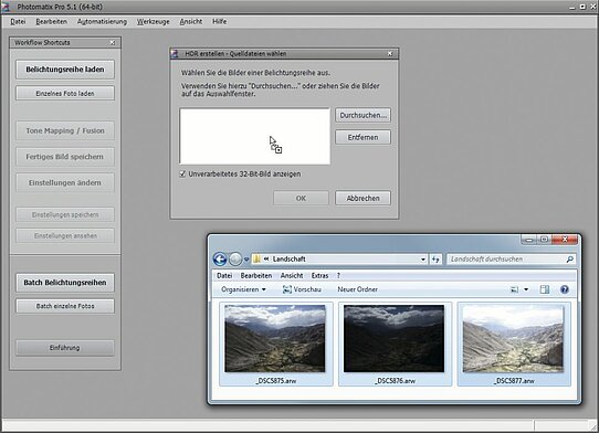 1. Im ersten Schritt lädt man eine Belichtungsreihe. Doch kann Photomatix Pro 5 sogar aus einem einzelnen Foto im Raw-Format eine Version mit erweiterten Tonwerten zaubern.