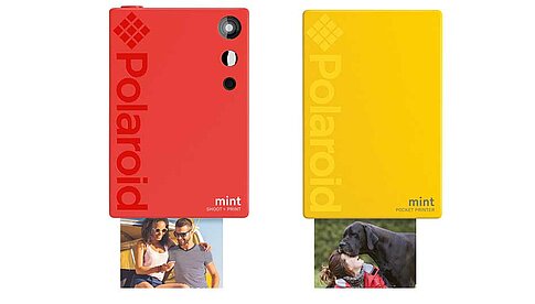 Links die Polaroid Mint 2-in-1-Kamera (rot), rechts der Polaroid-Mint-Sofortbilddrucker.