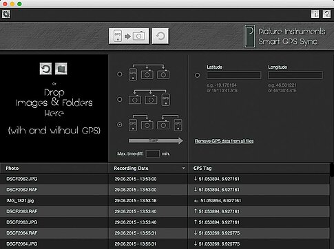 Picture Instruments - Smart GPS Sync: Software-Oberfläche