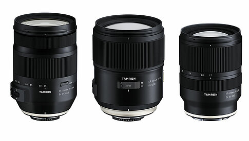 Tamron kündigt drei Objektivneuheiten an: 35-150mm F/2.8-4 Di VC OSD (links) und SP 35mm F/1.4 Di USD für Canon-/Nikon-Vollformat-SLRs sowie das 17-28mm F/2.8 Di III RXD für Sony-E.