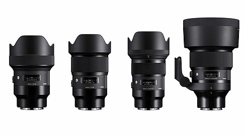 Vier Beispiele der neuen L-Mount-Objektive aus Sigmas Art-Serie: 14mm F1.8 DG HSM | Art,  20mm F1.4 DG HSM | Art, 50mm F1.4 DG HSM | Art und 105mm F1.4 DG HSM | Art.