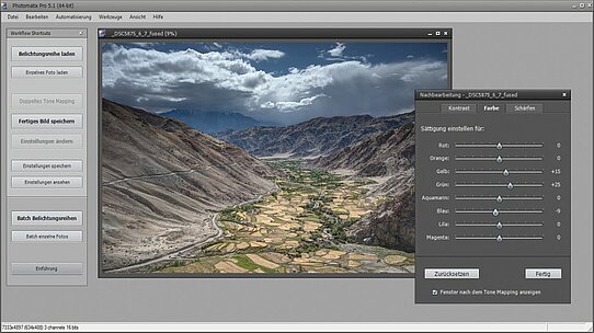 5. Oft kann man bereits das Resultat aus Schritt 2 übernehmen. Doch wer die Möglichkeiten der HDR-Technik komplett ausreizen will, darf dies in der Nachbearbeitung tun. Hier lassen sich Schärfe, Kontrast und bestimmte Farbtöne nach eigenem Geschmack optimieren. Wenn etwa der Himmel noch ein bisschen blauer strahlen soll, schiebt man einfach den entsprechenden Regler nach rechts.