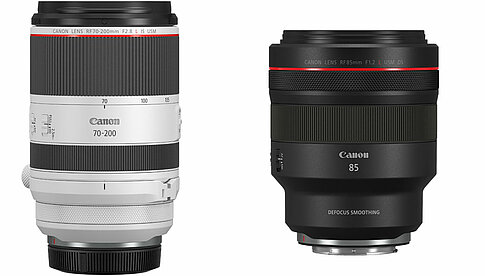 Canon RF 70-200mm F2.8L IS USM (links) ist der dritte Teil der Canon-Trinity-Reihe und das RF 85mm F1.2L USM DS ein ausgesprochener Porträtspezialist.