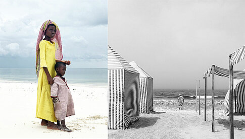 Foto links: Photography of the Year – Grand Prize – Gabriella Cigliano, Italien, „Big Sister“ Foto rechts:  Photography of the Year – First Place – Diogo Lage, Portugal, „Sea Stripes“