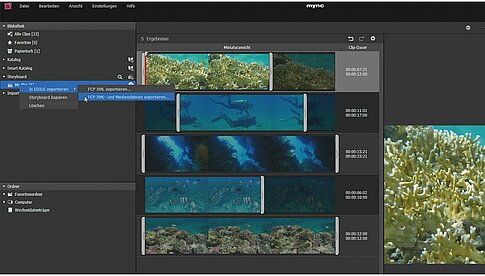 Mit „Mync“ lassen sich die Video-Clips vorsortieren und in eine gewünschte Reihenfolge bringen. Diese Grobschnitt-Dateiliste lässt sich dann exportieren und in anderen Videoprogrammen wie etwa Edius 8.5 nutzen.
