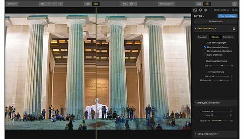 Die Software bietet eine automatische Korrektur von Verzerrungen durch das Objektiv.