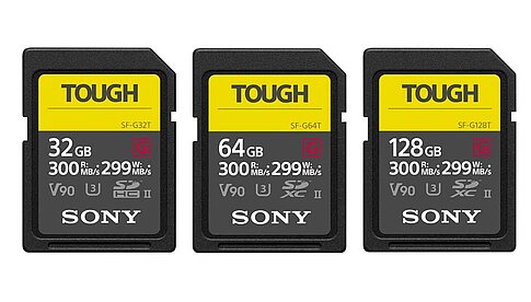 Sonys neue Tough-Speicherkarten mit 32, 64 und 128 Gigabyte.